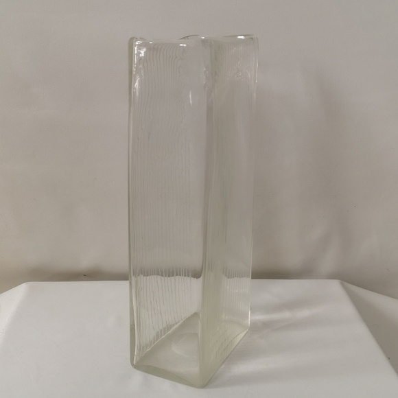 Large Unique Clear Art Glass Square Vase with Etched Stripes on Two Wide Sides - Picture 2 of 5